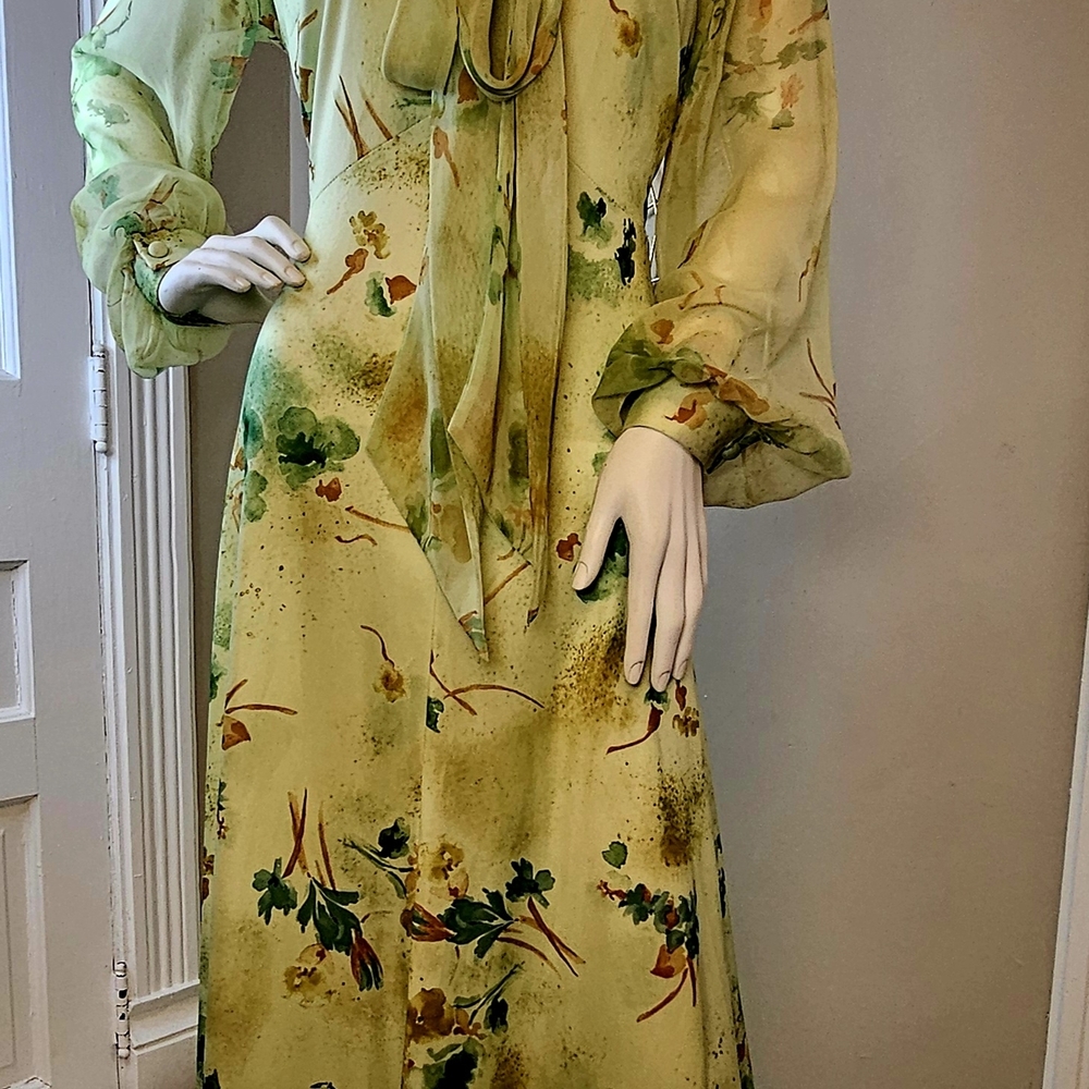 🌿 Vtg 1970s Sheer Floral Maxi- Kitty Bow Tie- Bishop Sleeves- Ethereal Boho